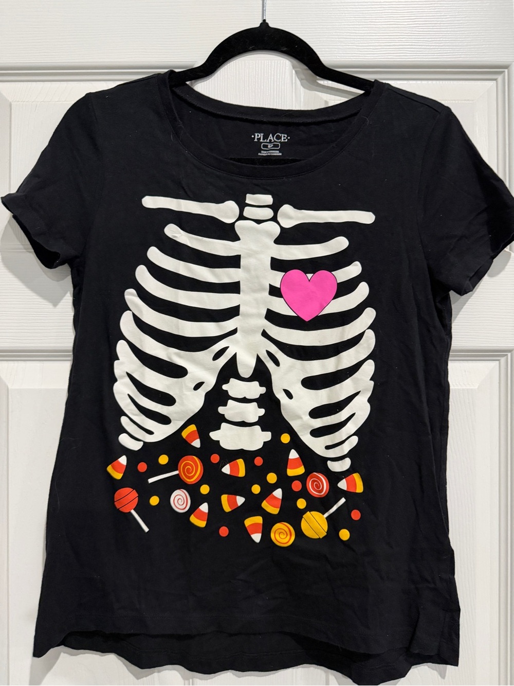 Place Black Tee with White Glow in the Dark Skeleton, Pink Heart & Candy